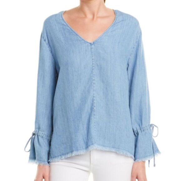 Rails Zimi Linen Blend Denim Blouse with Frayed Hem in Medium Vintage Wash Small - Picture 1 of 12
